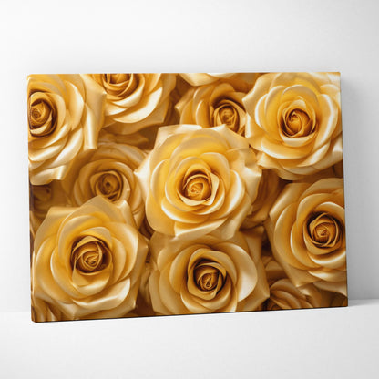 Canvas wall art featuring a close-up of vibrant yellow gold roses in full bloom for elegant home decor.