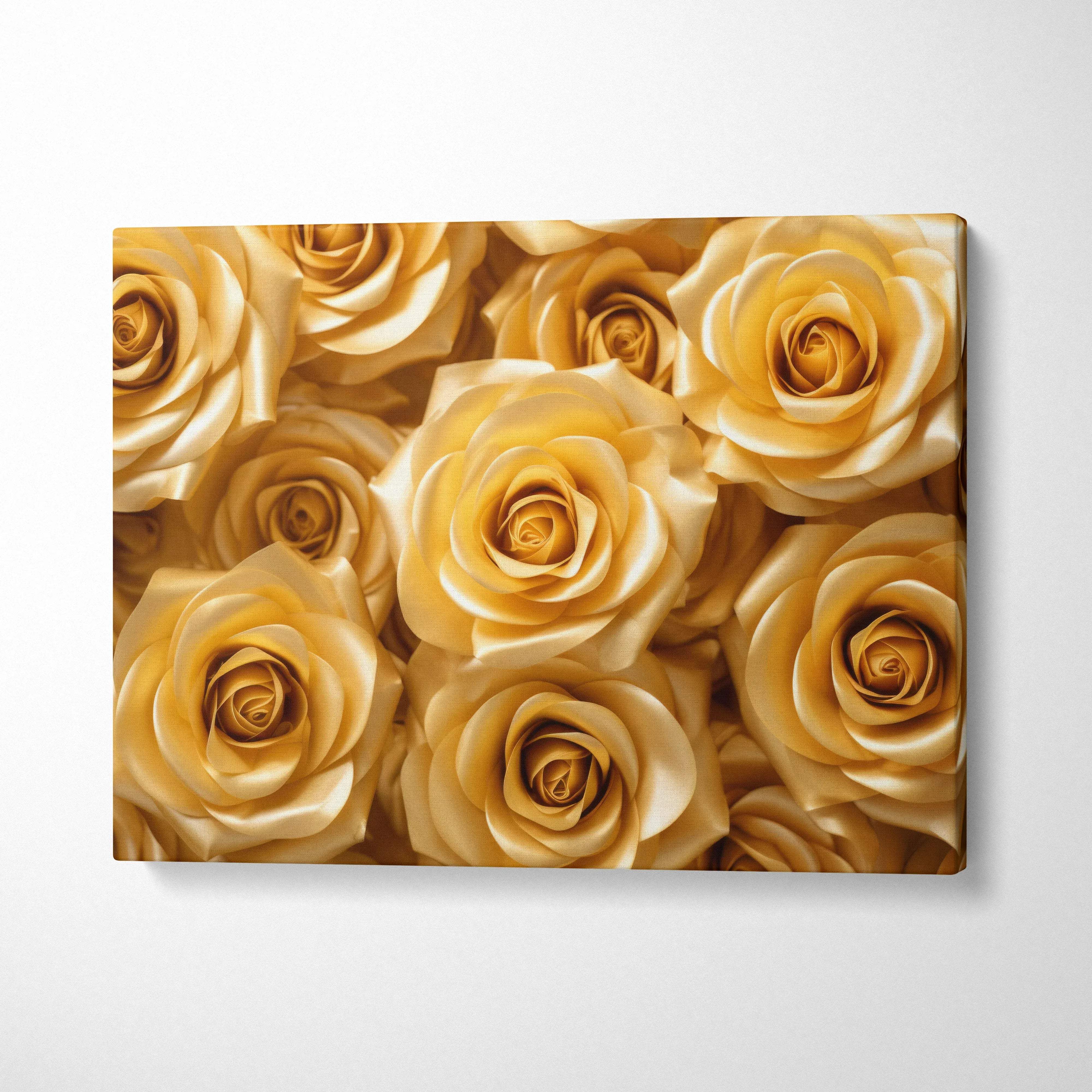 Yellow gold roses floral canvas wall art with detailed petals for elegant home decor.