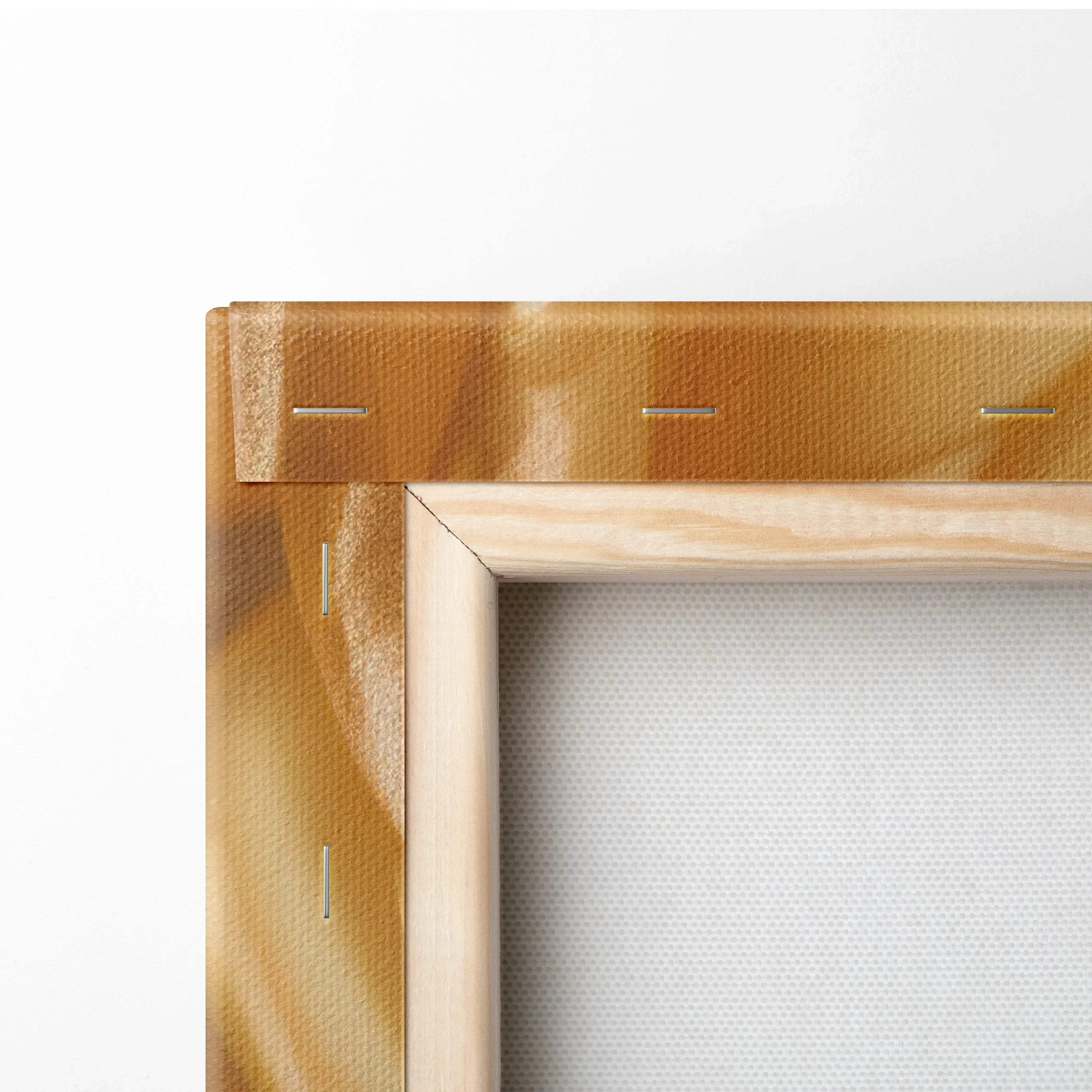 Close-up of wooden frame corner and vibrant gold-yellow rose floral canvas wall art with visible staples on canvas back.