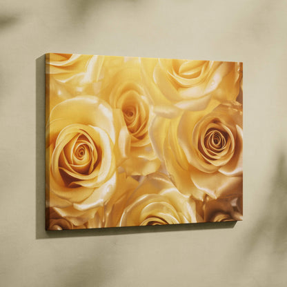 Canvas wall art featuring vibrant gold and yellow roses in a soft, detailed floral design for elegant home decor.
