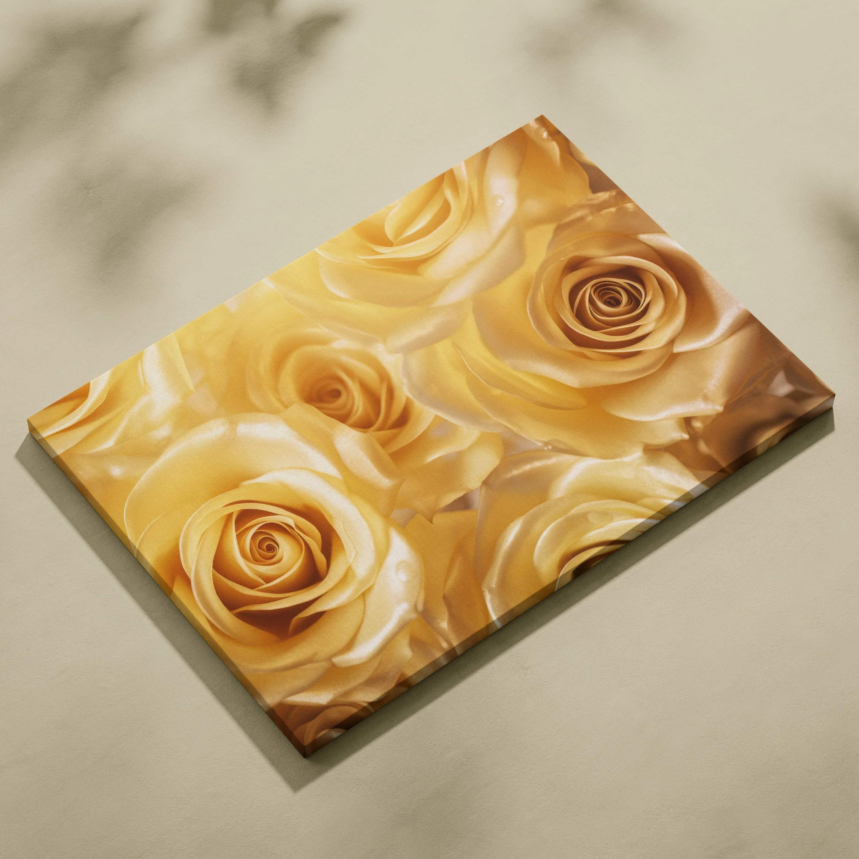 Canvas wall art featuring close-up vibrant gold and yellow roses with soft petal details and warm tones.