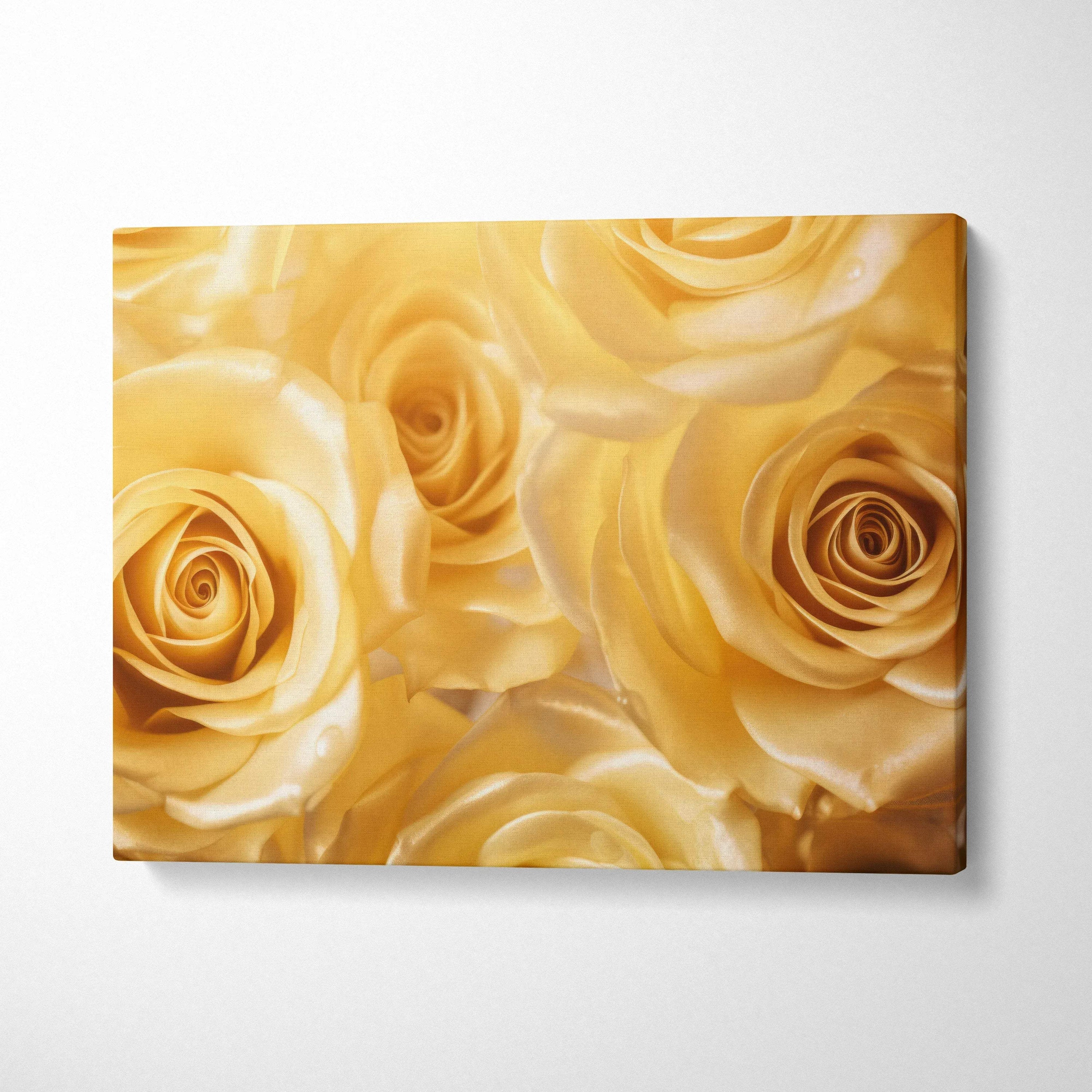 Canvas wall art featuring vibrant gold and yellow roses in close-up floral design.