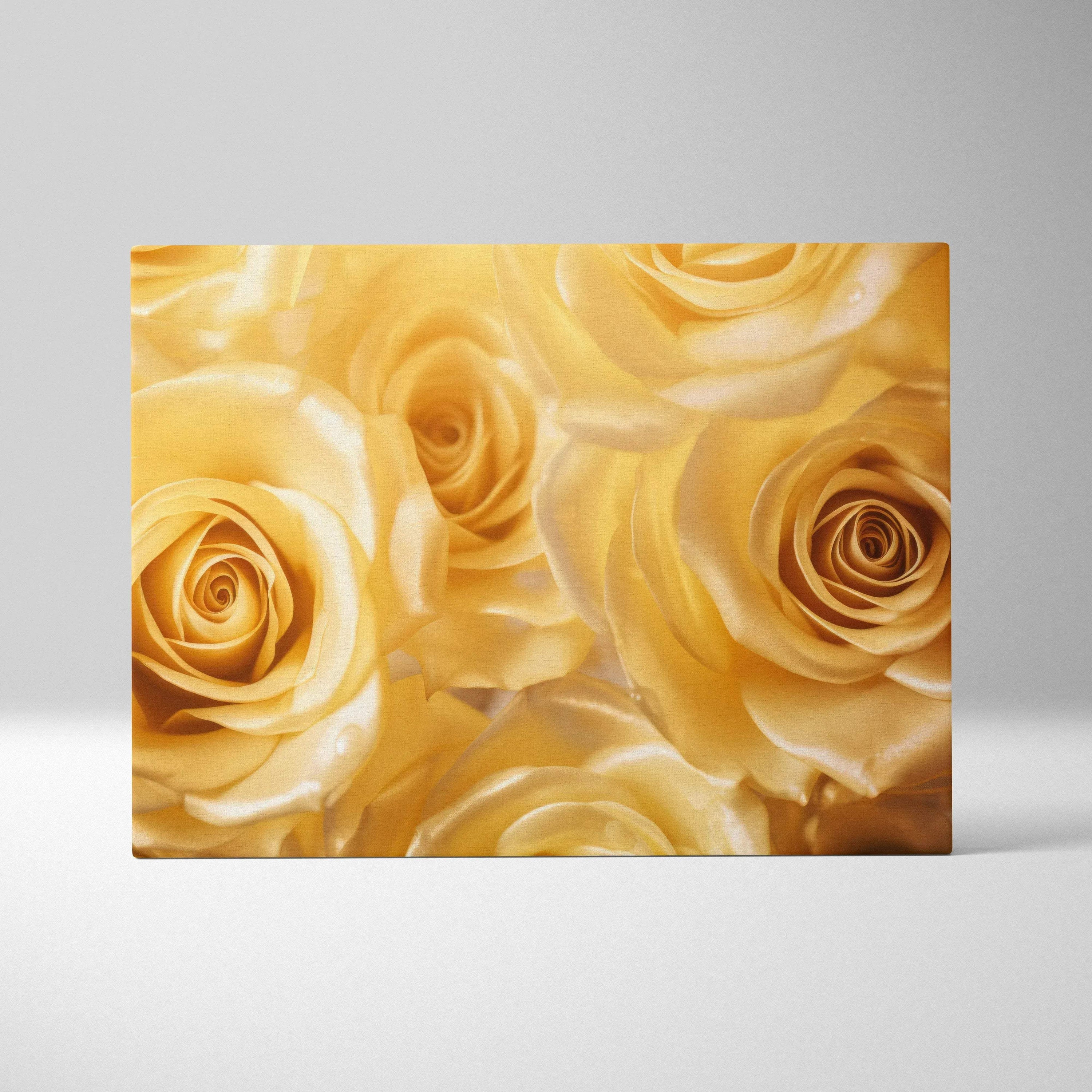 Canvas wall art featuring vibrant gold and yellow roses in a soft, detailed floral design for home decor.