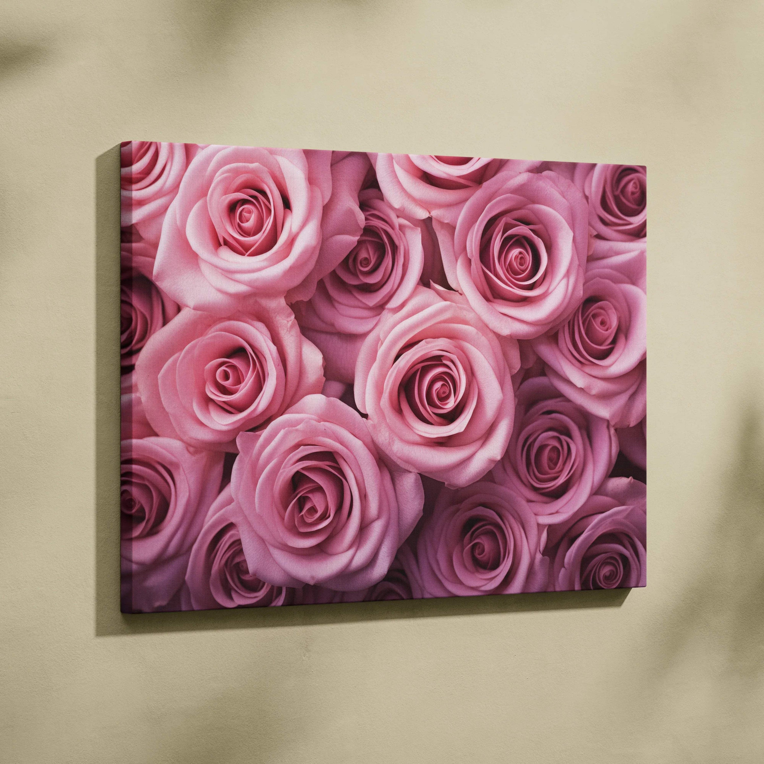 Canvas wall art featuring vibrant pink roses in close-up, ideal floral decor piece.