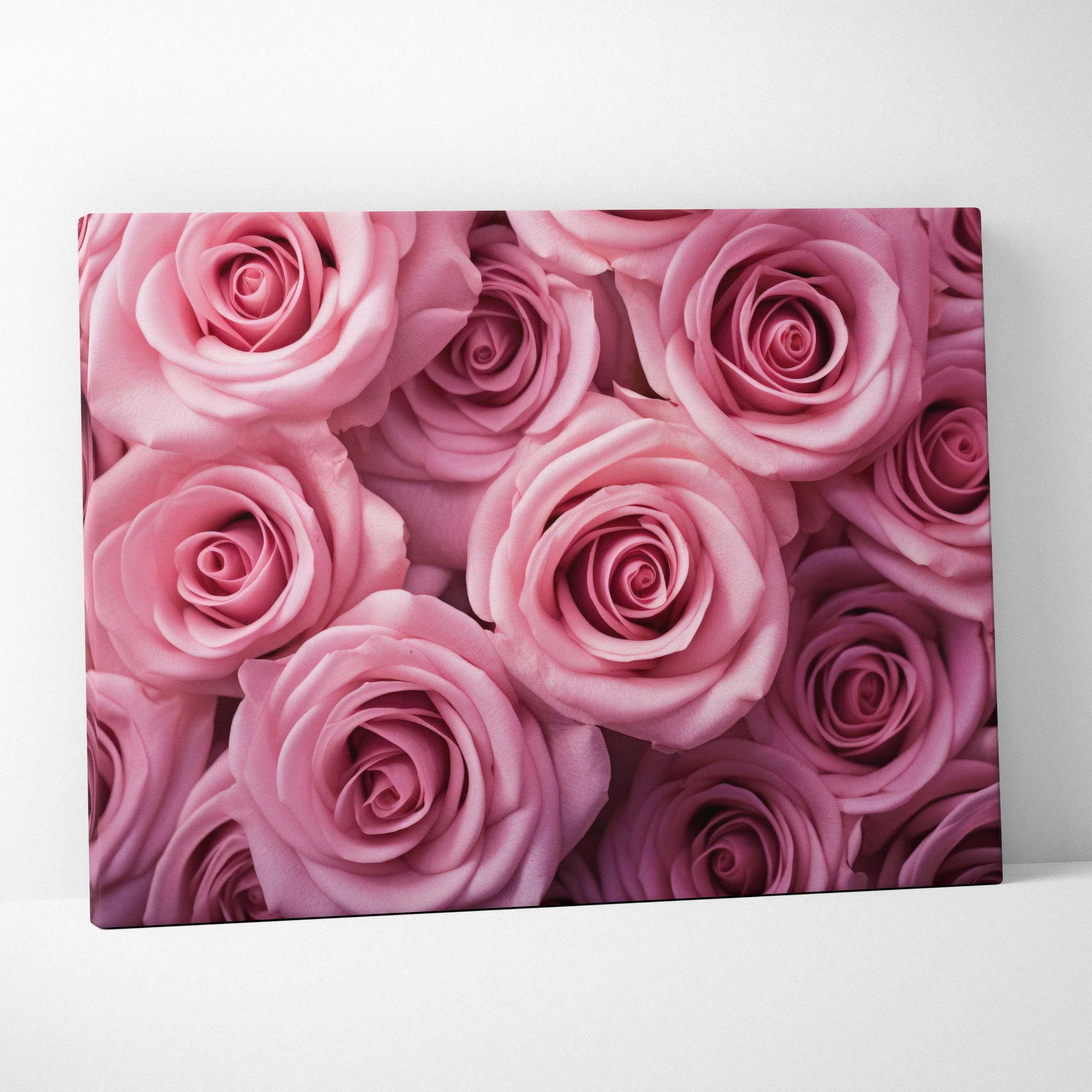 Canvas wall art featuring vibrant close-up pink roses in full bloom for floral home decor.