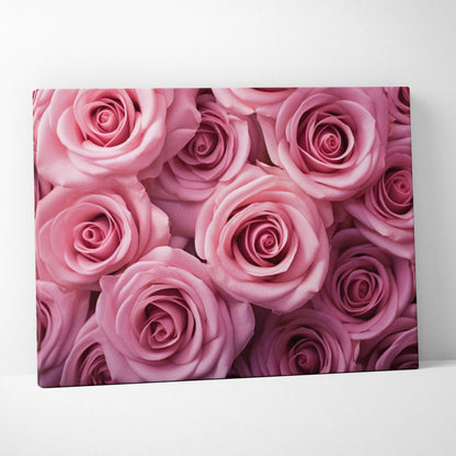 Canvas wall art featuring vibrant close-up pink roses in full bloom for floral home decor.