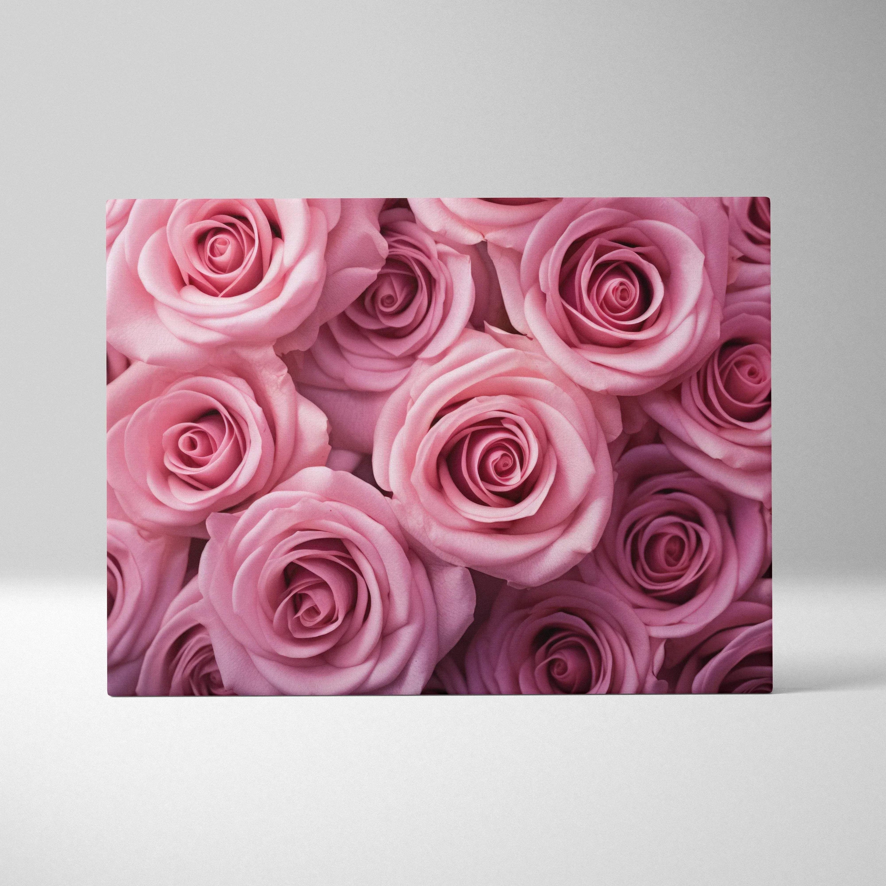 Vibrant pink roses tightly arranged on rectangular canvas wall art with soft shadows and rich texture.