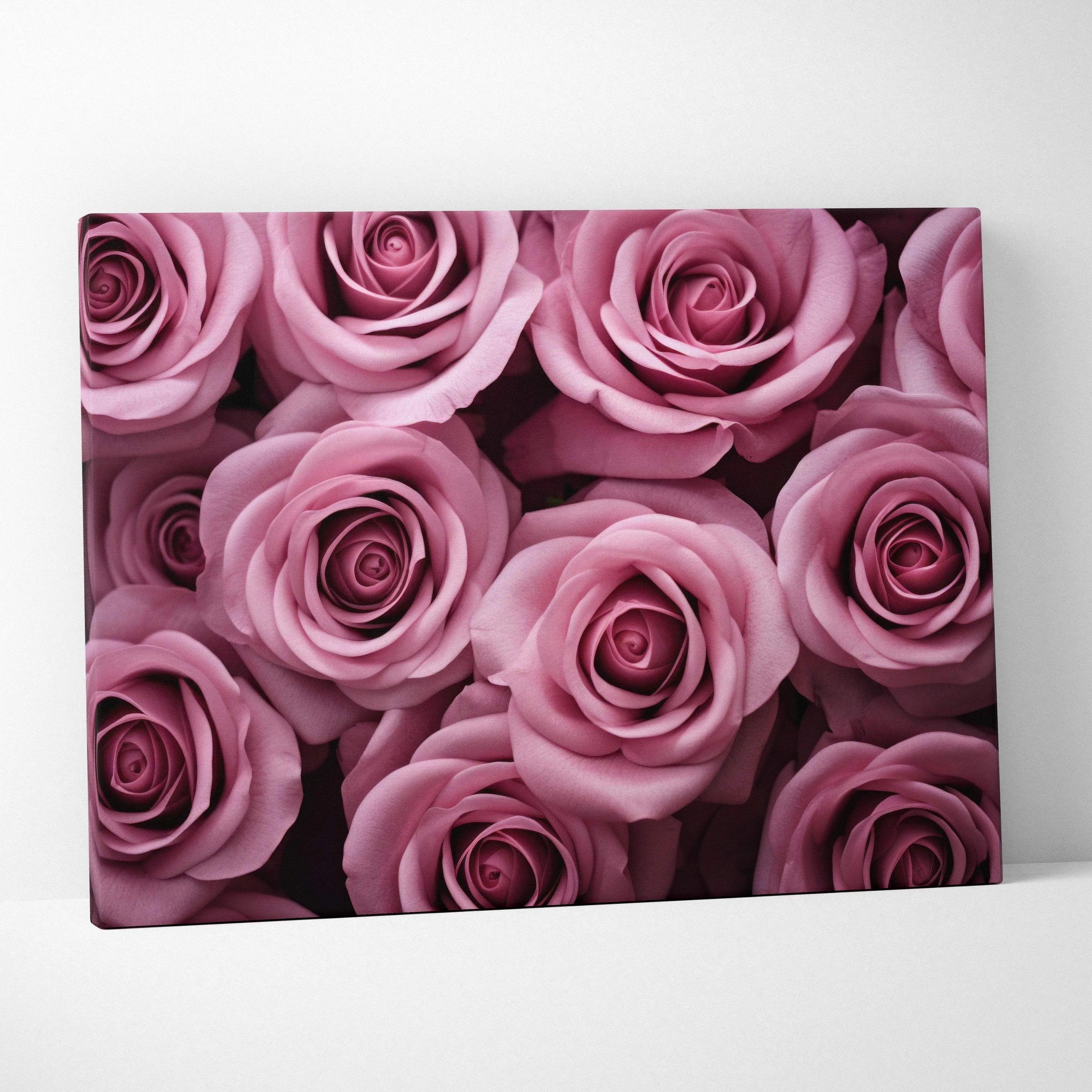 Pink roses close-up floral design on canvas wall art for elegant home decor.