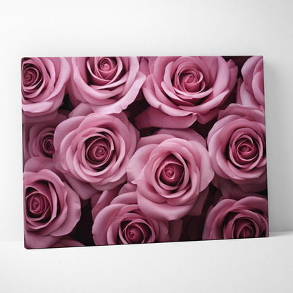 Pink roses close-up floral design on canvas wall art for elegant home decor.