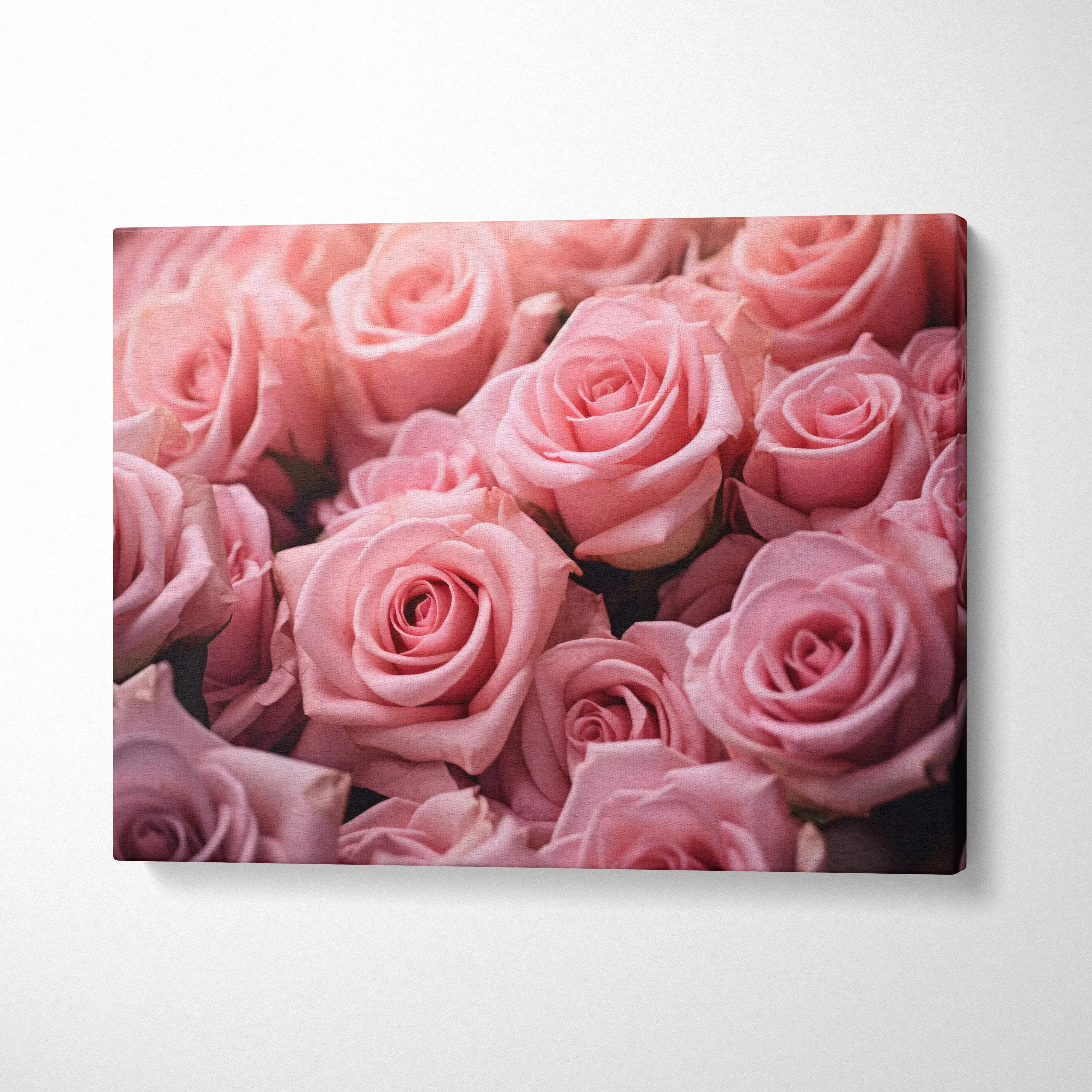 Vibrant pink roses floral canvas wall art with soft petals, elegant home decor style.