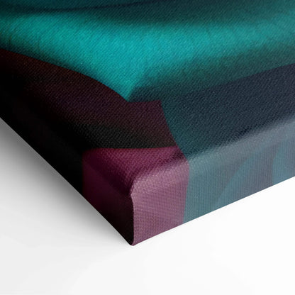 Close-up of thick canvas with teal, purple, and black abstract colors on floral wall art print.