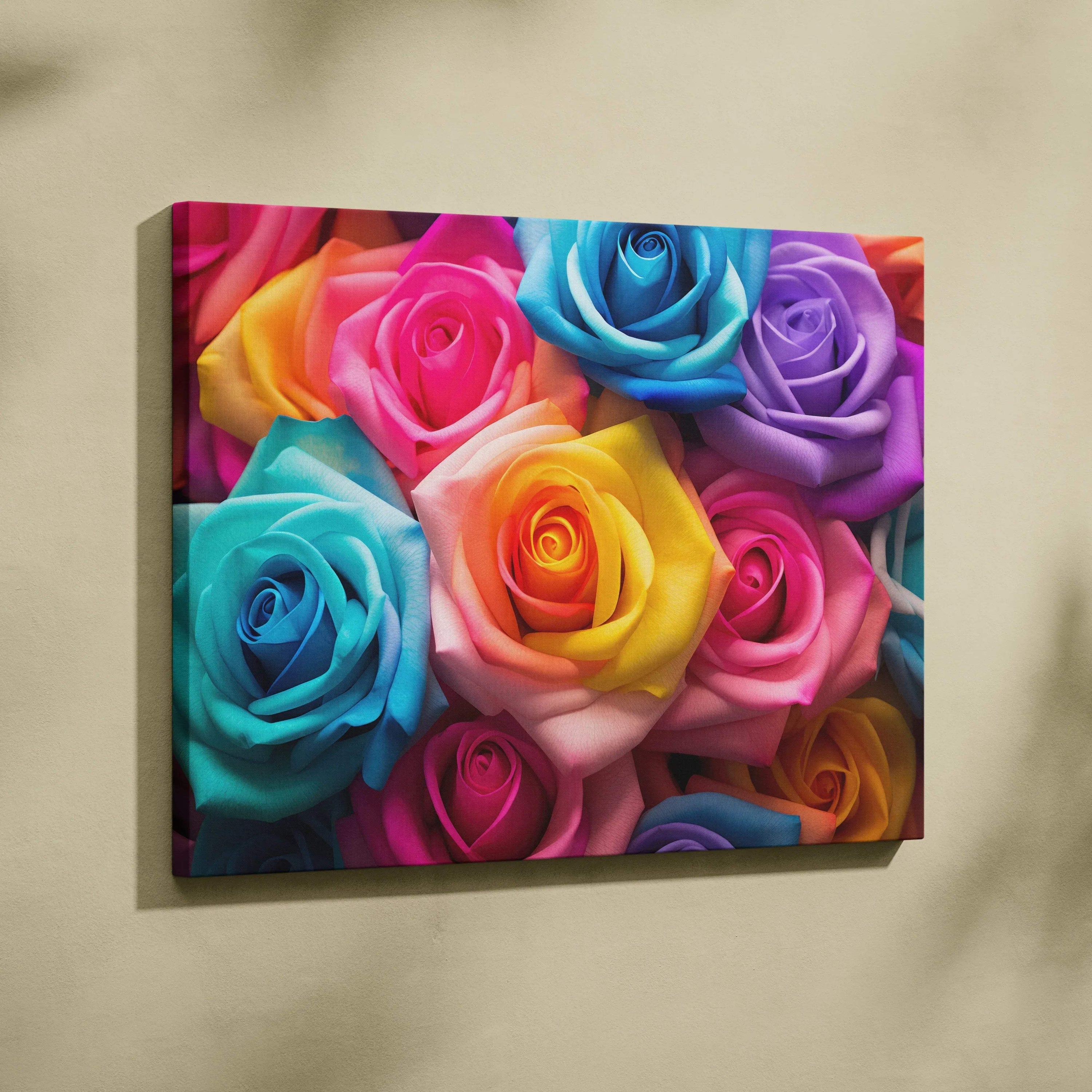 Canvas wall art featuring vibrant roses in multiple colors including blue, yellow, pink, and purple, perfect for floral home