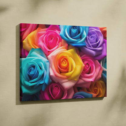 Canvas wall art featuring vibrant roses in multiple colors including blue, yellow, pink, and purple, perfect for floral home