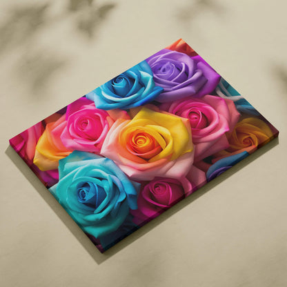 Canvas wall art featuring vibrant multicolor roses in shades of blue, pink, yellow, and purple for floral home decor.