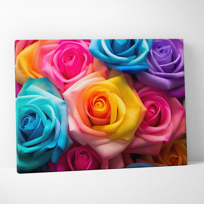 Canvas wall art featuring vibrant multicolor roses in shades of pink, blue, purple, yellow, and orange for decorative home.