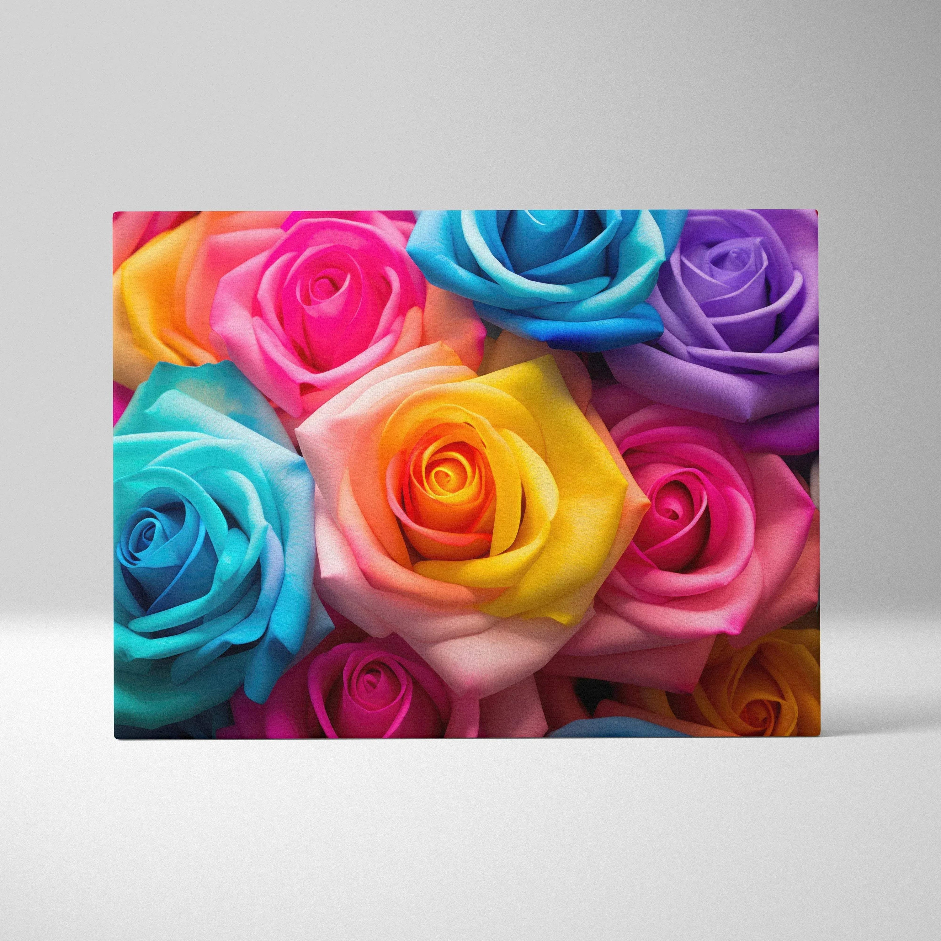 Colorful canvas wall art featuring vibrant multicolor roses in blue, pink, purple, yellow, and orange for decorative home.