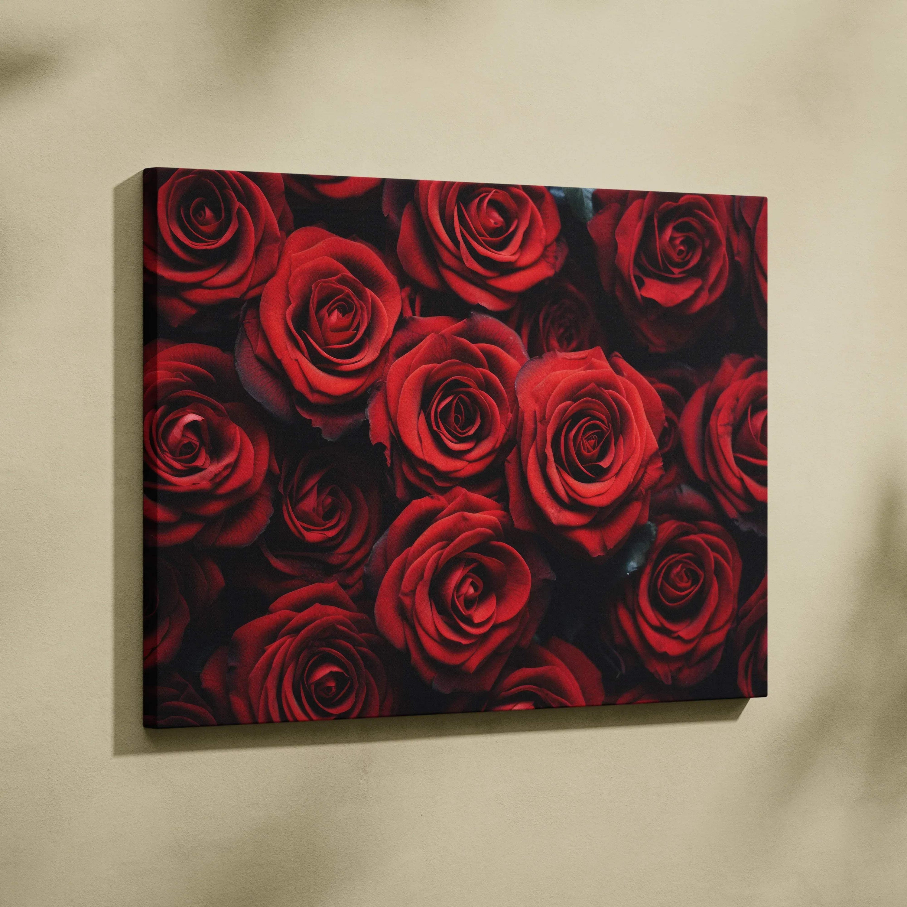 Vibrant red roses canvas wall art with deep black background for elegant home decor.