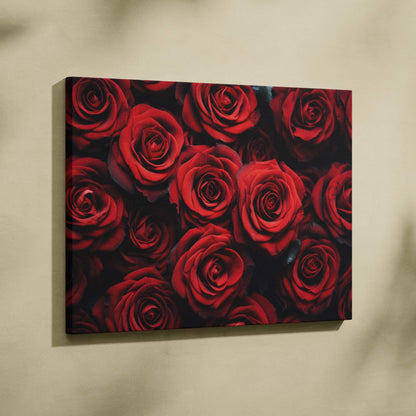 Vibrant red roses canvas wall art with deep black background for elegant home decor.