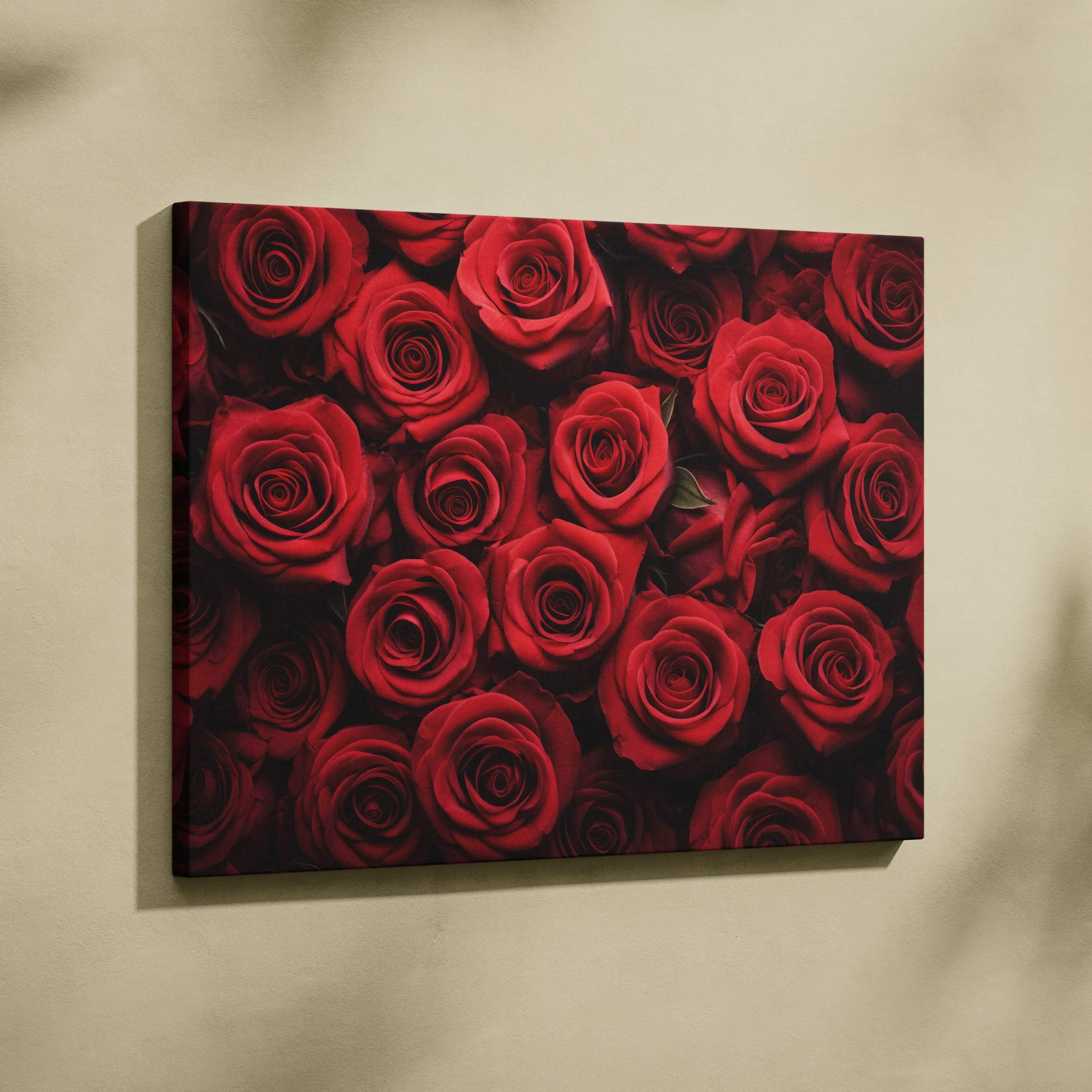 A vibrant red rose bouquet canvas wall art print with rich texture perfect for romantic home decor