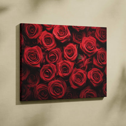 Vibrant red roses floral design on rectangular canvas wall art with deep shadows for elegant decor.