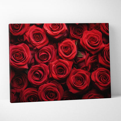 Canvas wall art featuring a close-up of vibrant red roses with detailed petals for elegant floral decor.