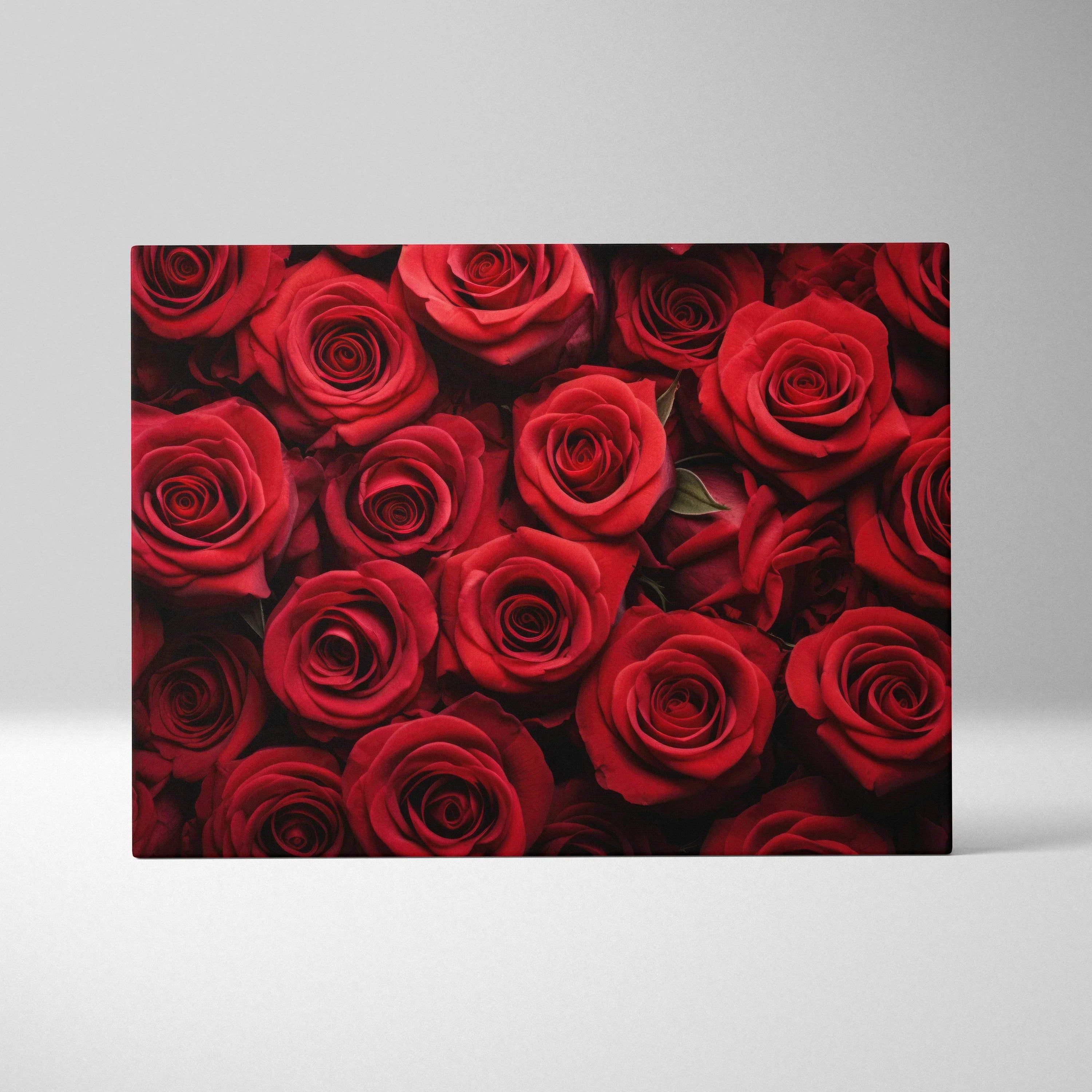 Vibrant red roses floral canvas print with rich petals, designed as elegant wall art decor.