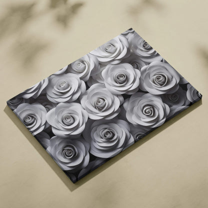 Canvas wall art featuring a pattern of detailed grey roses with soft shadows and textured petals.