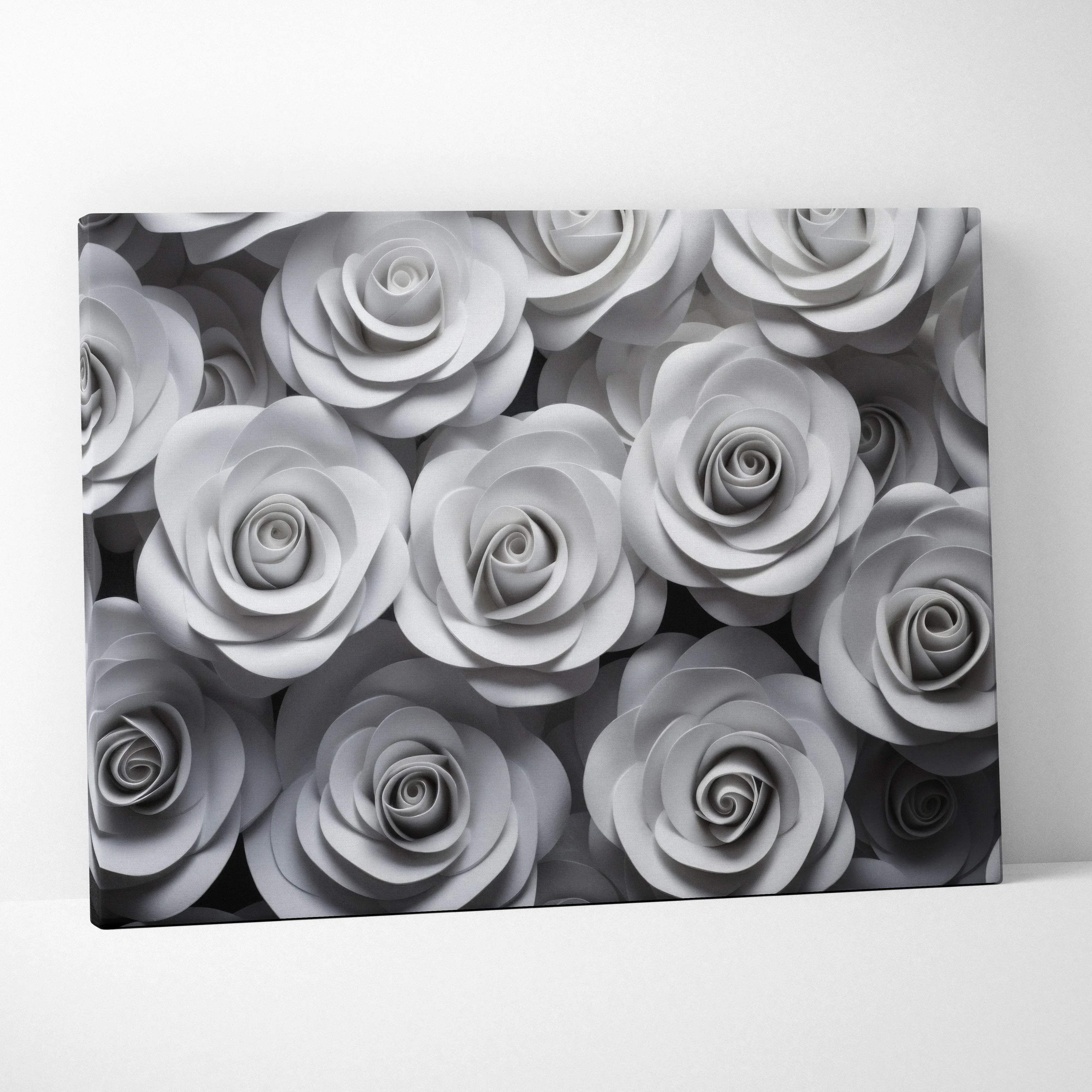 Black-and-white canvas wall art featuring dense layered paper roses in grey for elegant serene home decor premium quality
