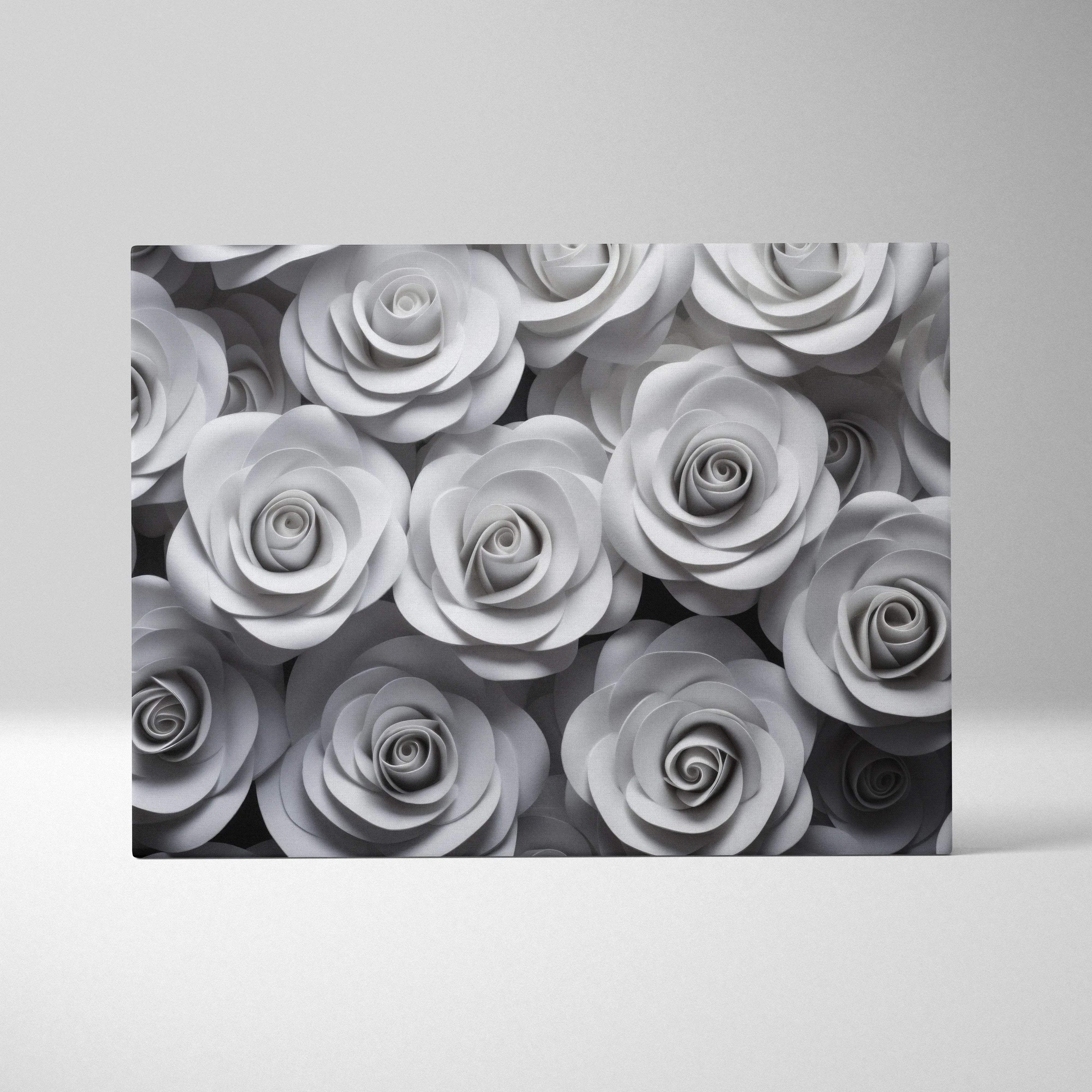 Grey roses close-up floral canvas wall art with detailed petals and soft shading.