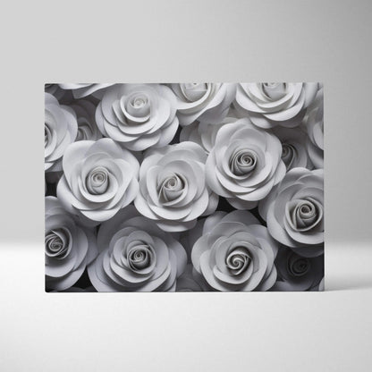 Grey roses close-up floral canvas wall art with detailed petals and soft shading.