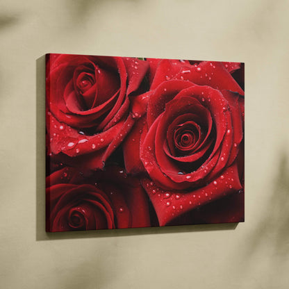 High-resolution canvas wall art featuring close-up wet red roses floral design for elegant decor.