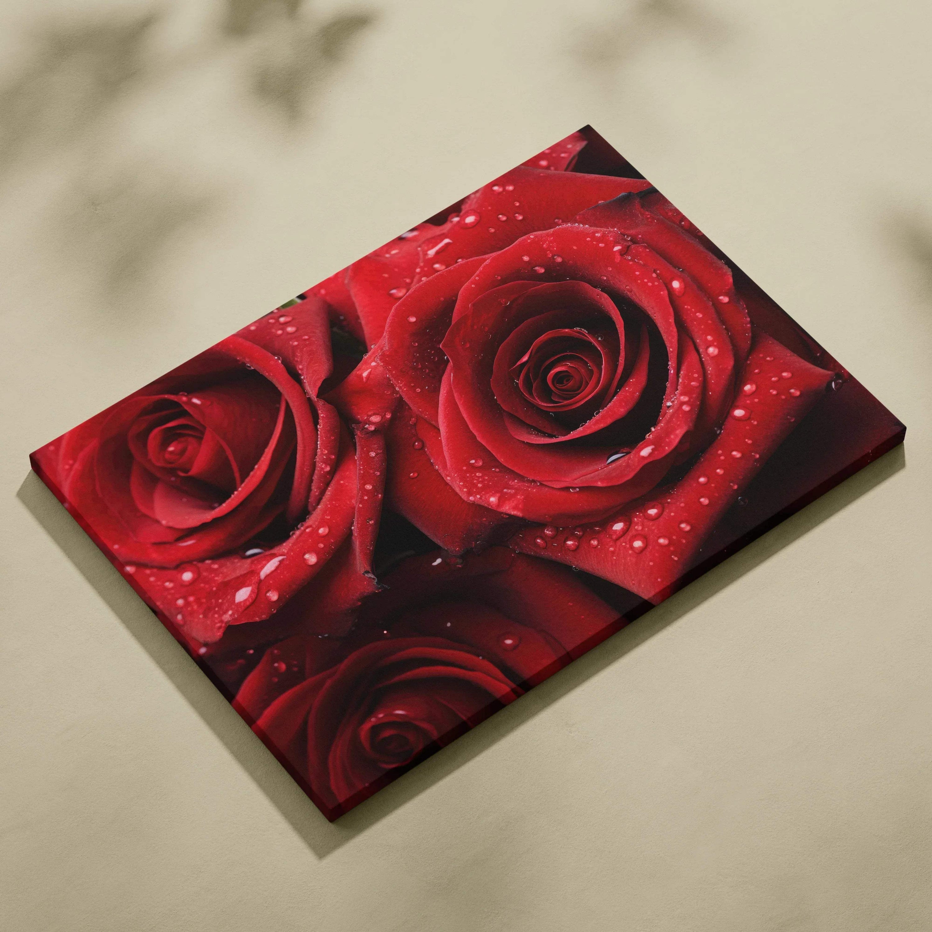 High-resolution canvas wall art featuring vibrant red roses with water droplets, museum-quality floral decor.