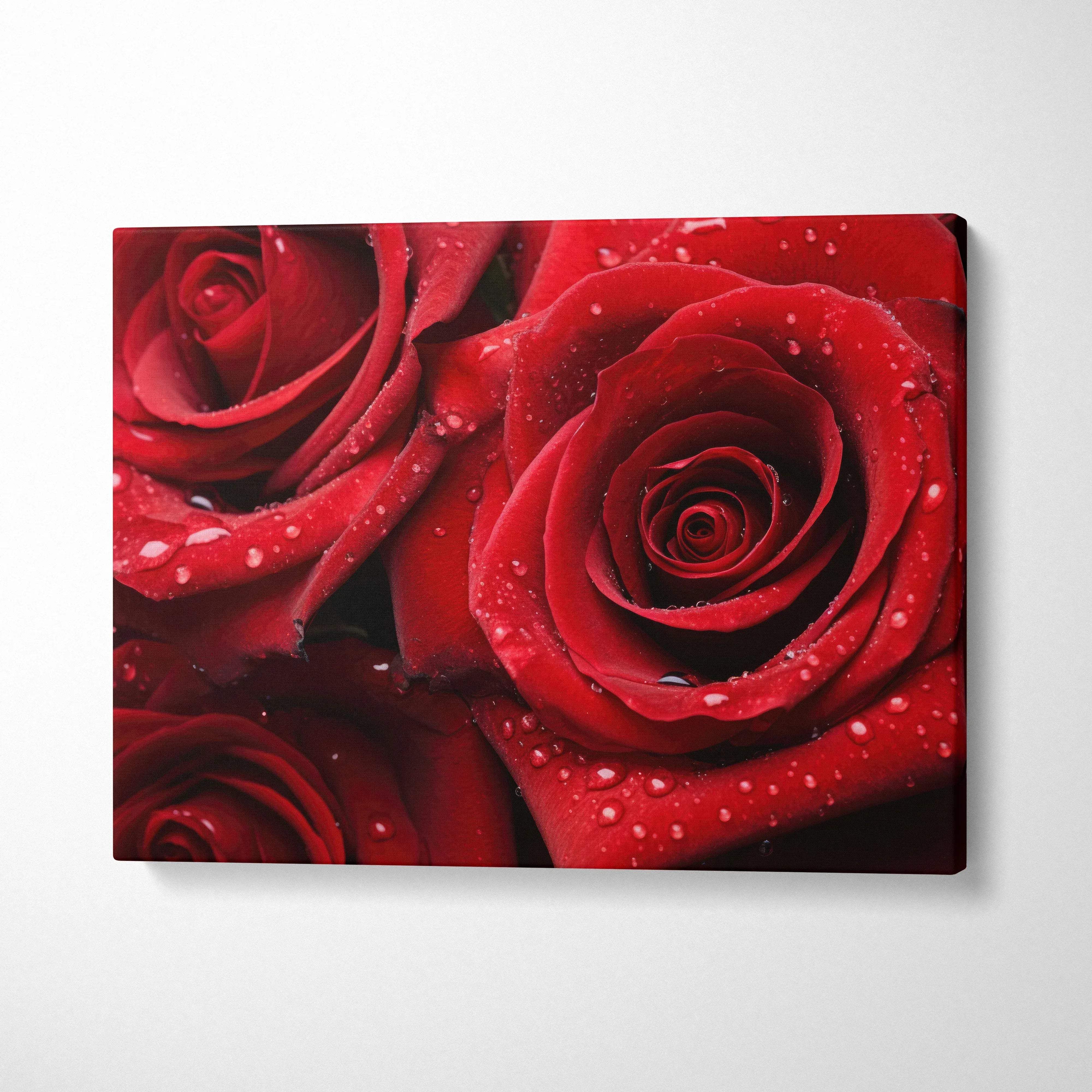 High-resolution canvas wall art featuring vivid wet red roses, museum-quality floral decor.