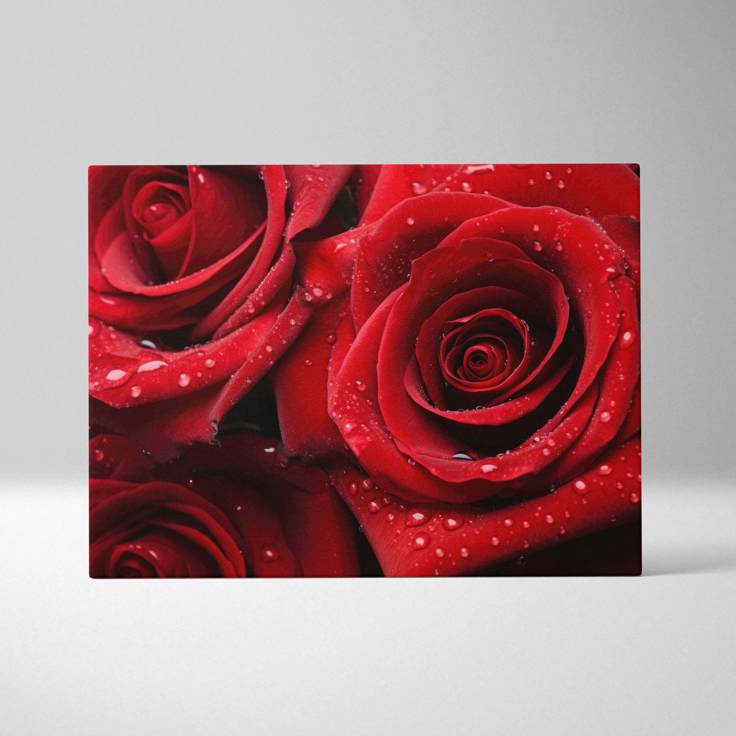 High-resolution canvas wall art featuring vibrant red roses with water droplets, floral decor.