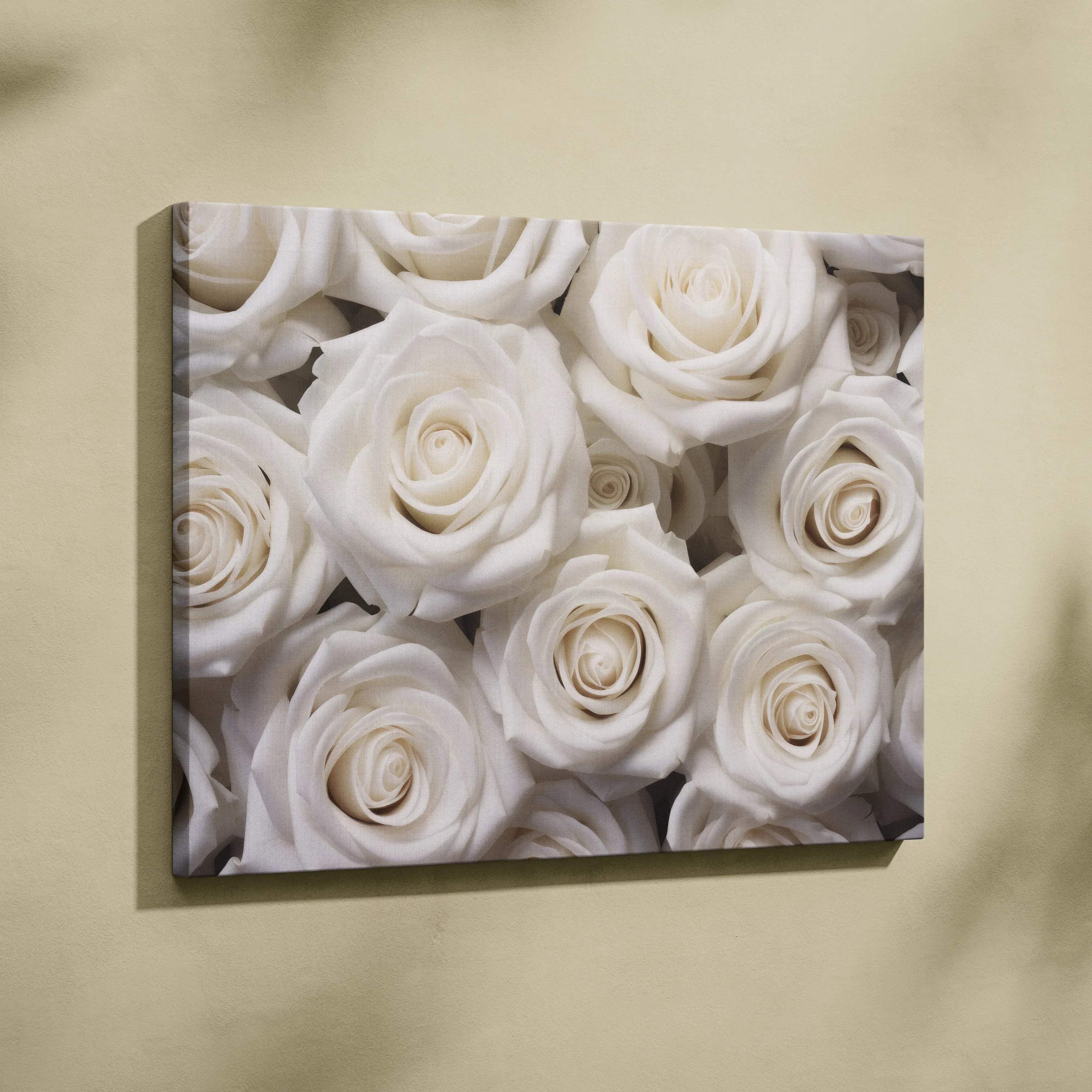 White roses floral canvas wall art with elegant soft petals decor.