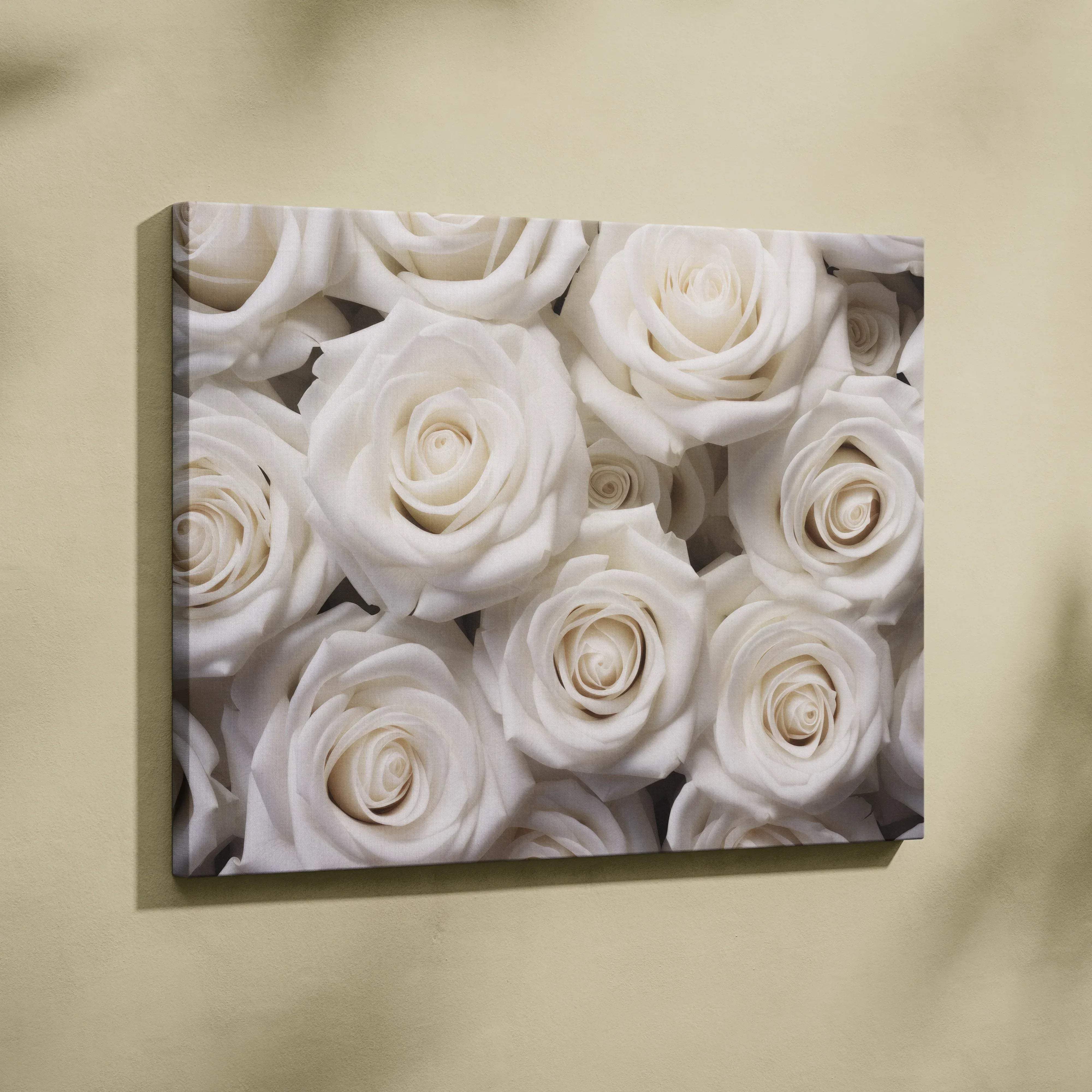 Classic floral white roses canvas wall art with soft textured appearance and subtle shading for elegant living room decor