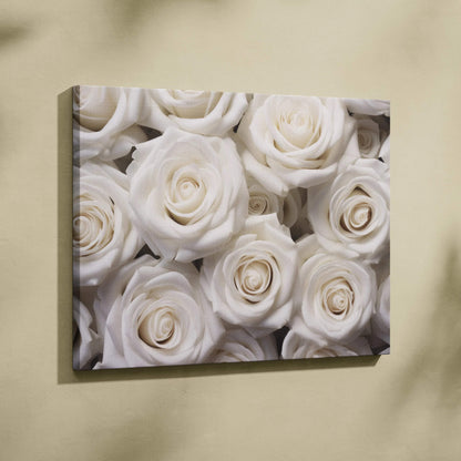 White roses floral canvas wall art with elegant soft petals decor.