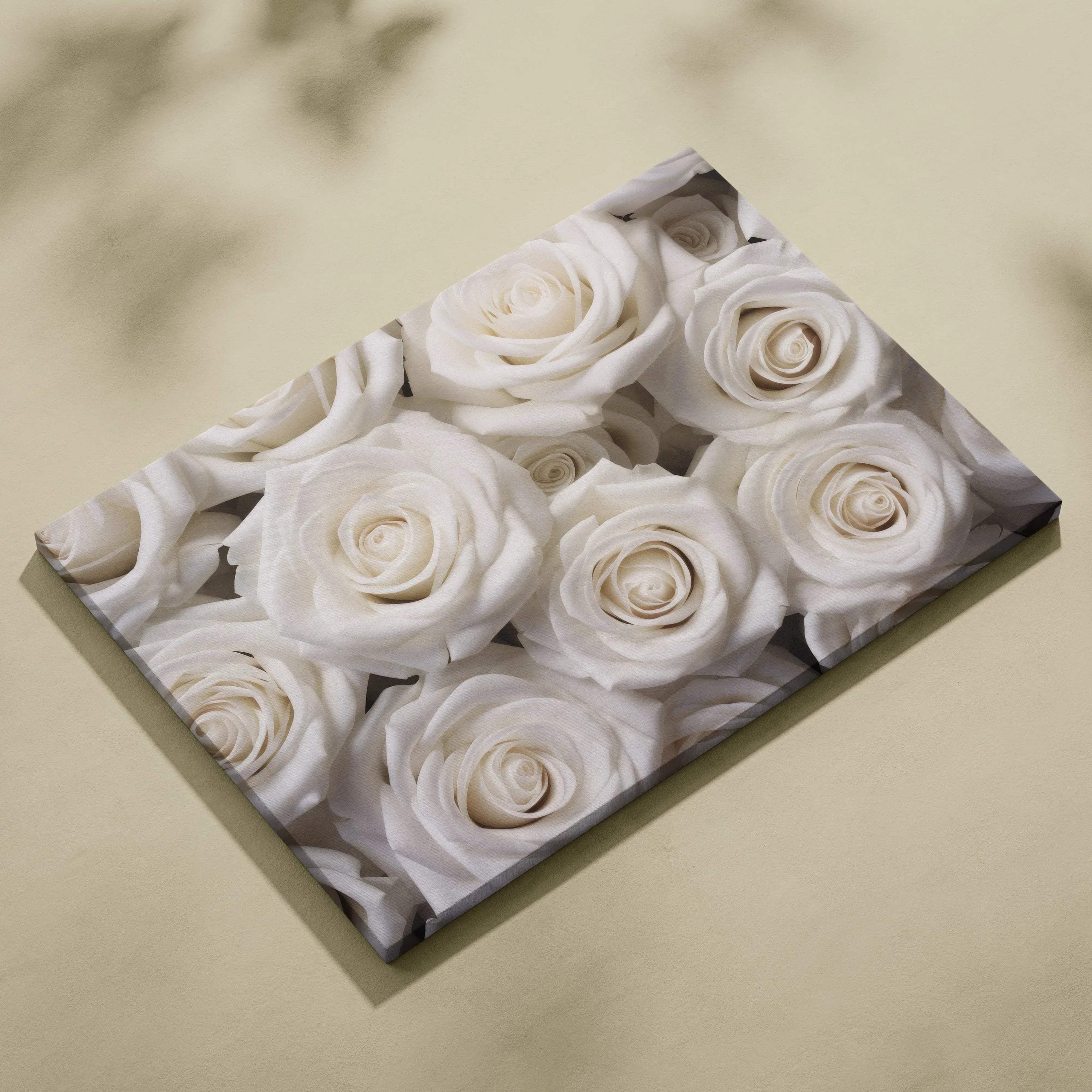 White rose floral design on canvas wall art with detailed petals for elegant decor.