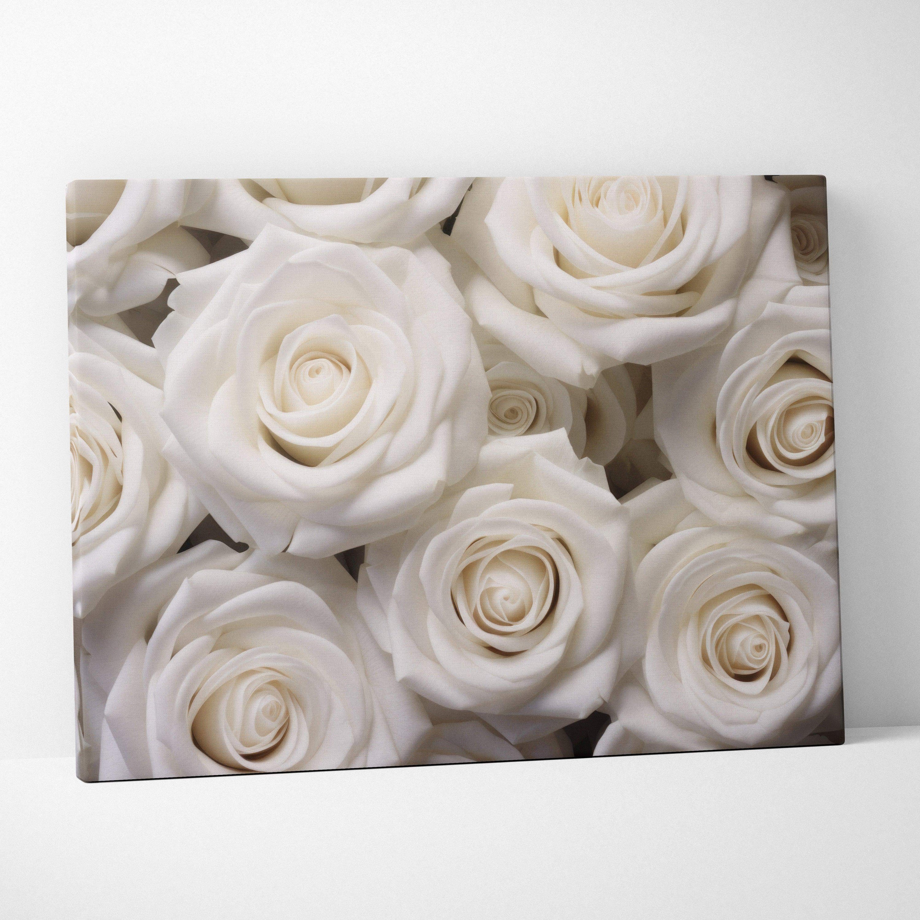 White roses close-up floral canvas wall art for elegant home decor.