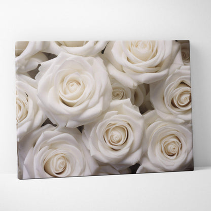 White roses close-up floral canvas wall art for elegant home decor.