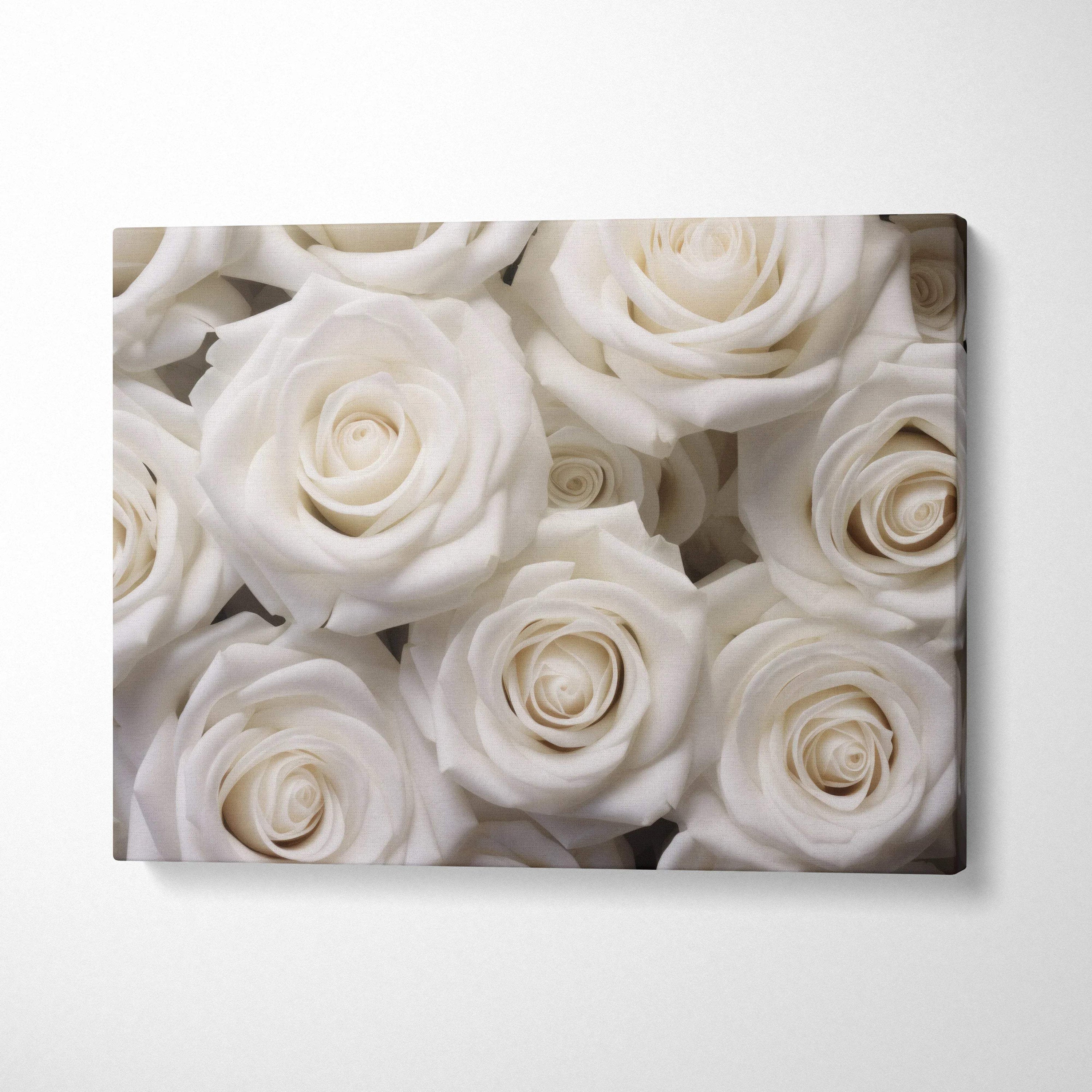 Canvas wall art featuring a close-up of elegant white roses for stylish home decor.