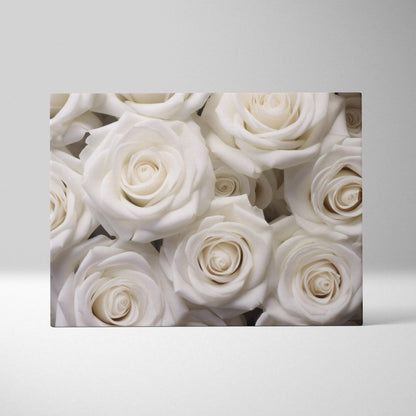 Close-up white rose floral design on rectangular canvas wall art for elegant home decor.