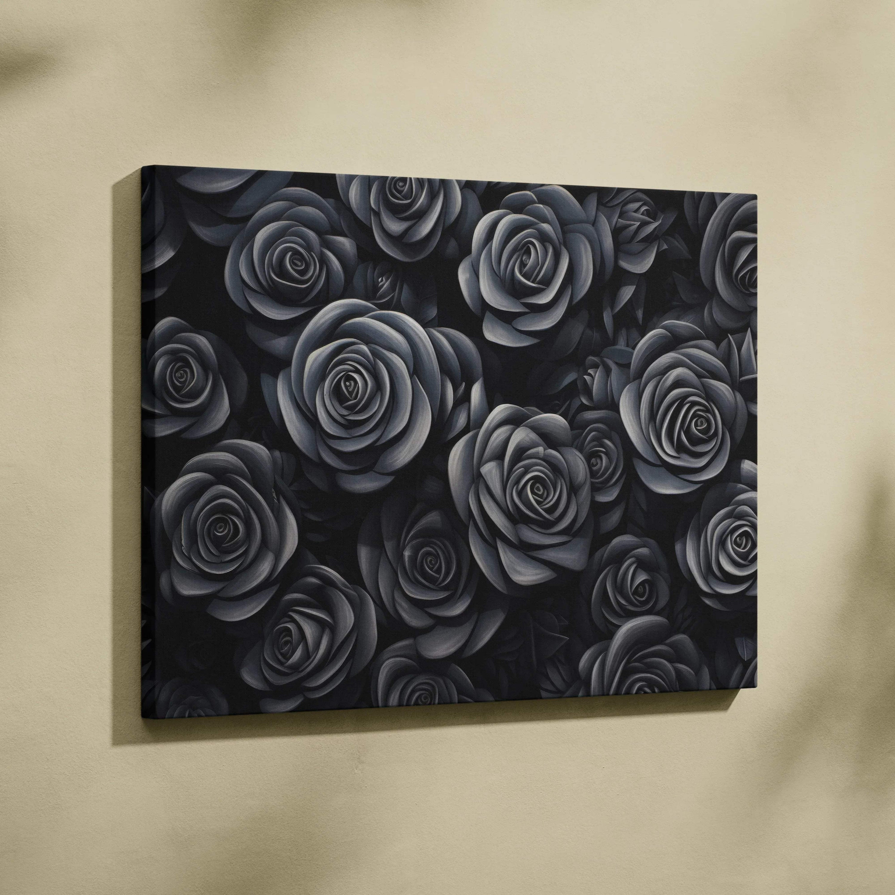Black roses floral drawing on horizontal canvas wall art for elegant home decor.
