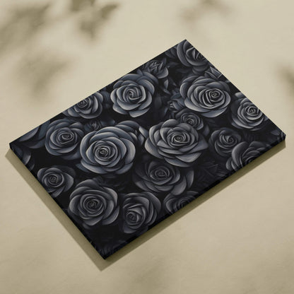 Black canvas wall art featuring detailed floral drawing of realistic black roses in a repeating pattern.