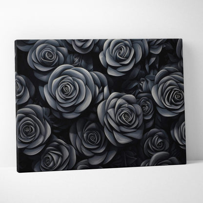 Canvas wall art featuring detailed black and gray roses with a soft, textured floral design for home decor.