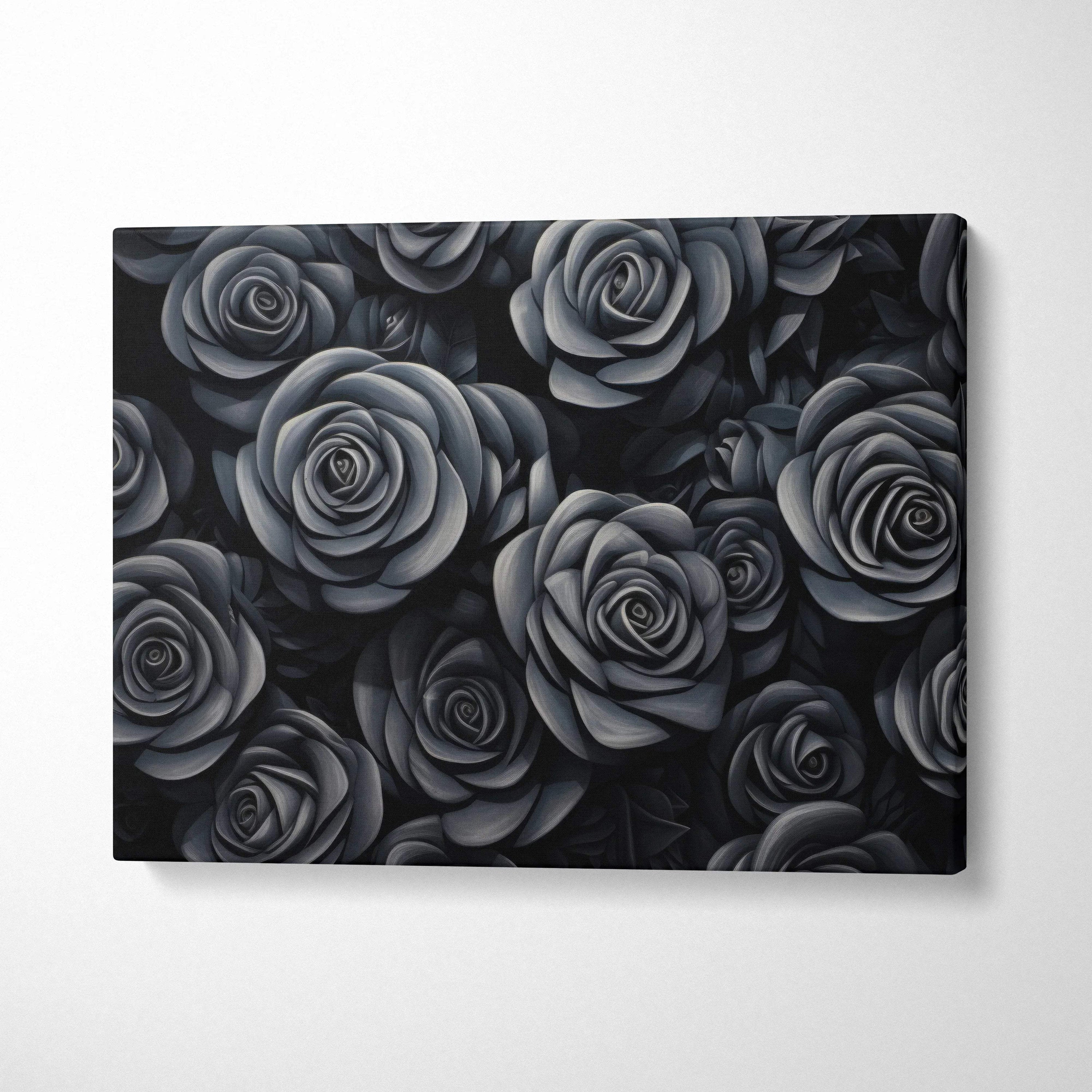Black roses floral drawing on canvas wall art with dark, moody decor tones.