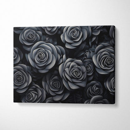 Black roses floral drawing on canvas wall art with dark, moody decor tones.