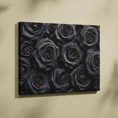 Black roses floral design on canvas wall art with dark, elegant decor tones.