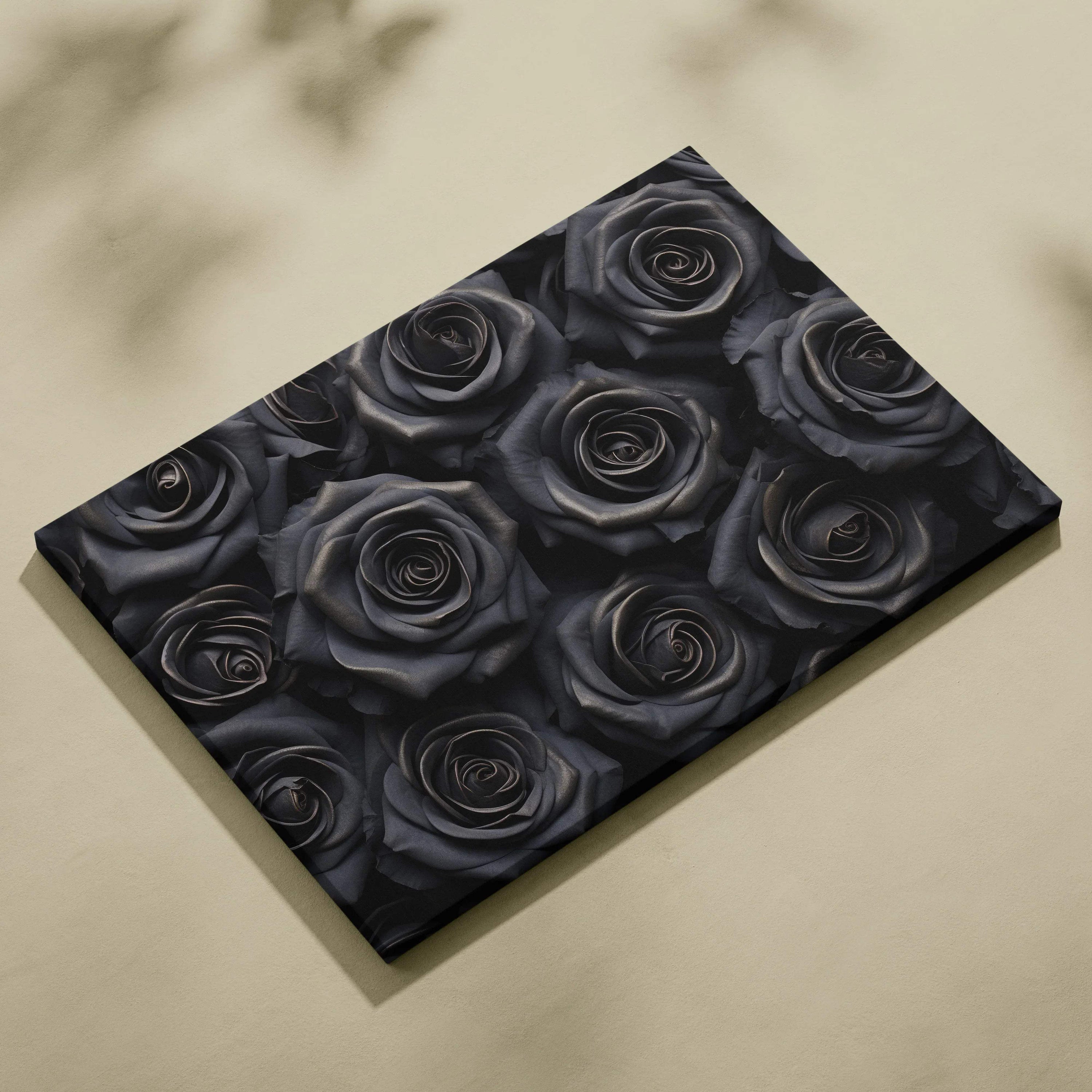 Canvas wall art featuring detailed black roses with realistic shading on a dark background.