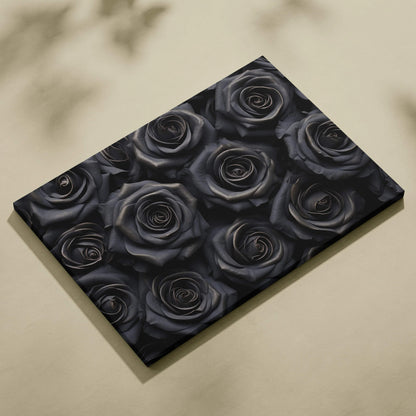 Canvas wall art featuring detailed black roses with realistic shading on a dark background.